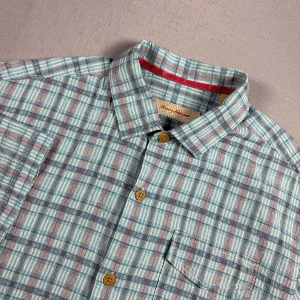 Tommy Bahama Mens Medium 100% Silk Short Sleeve Plaid Button Down Camp Shirt